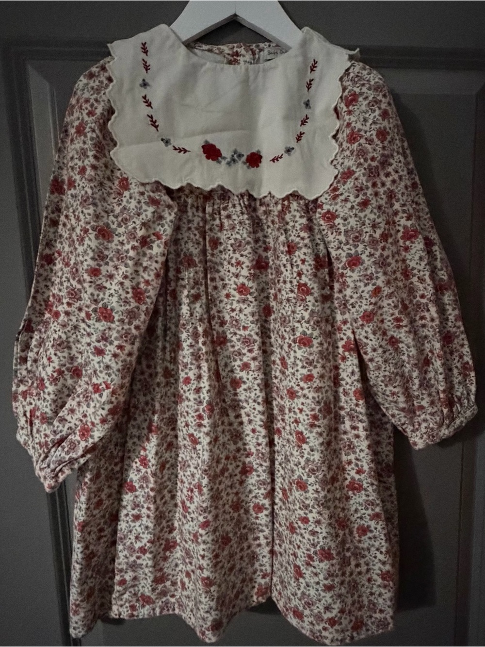 Bebe Organic Floral Puff Sleeve Dress with Embroidered Bib Collar